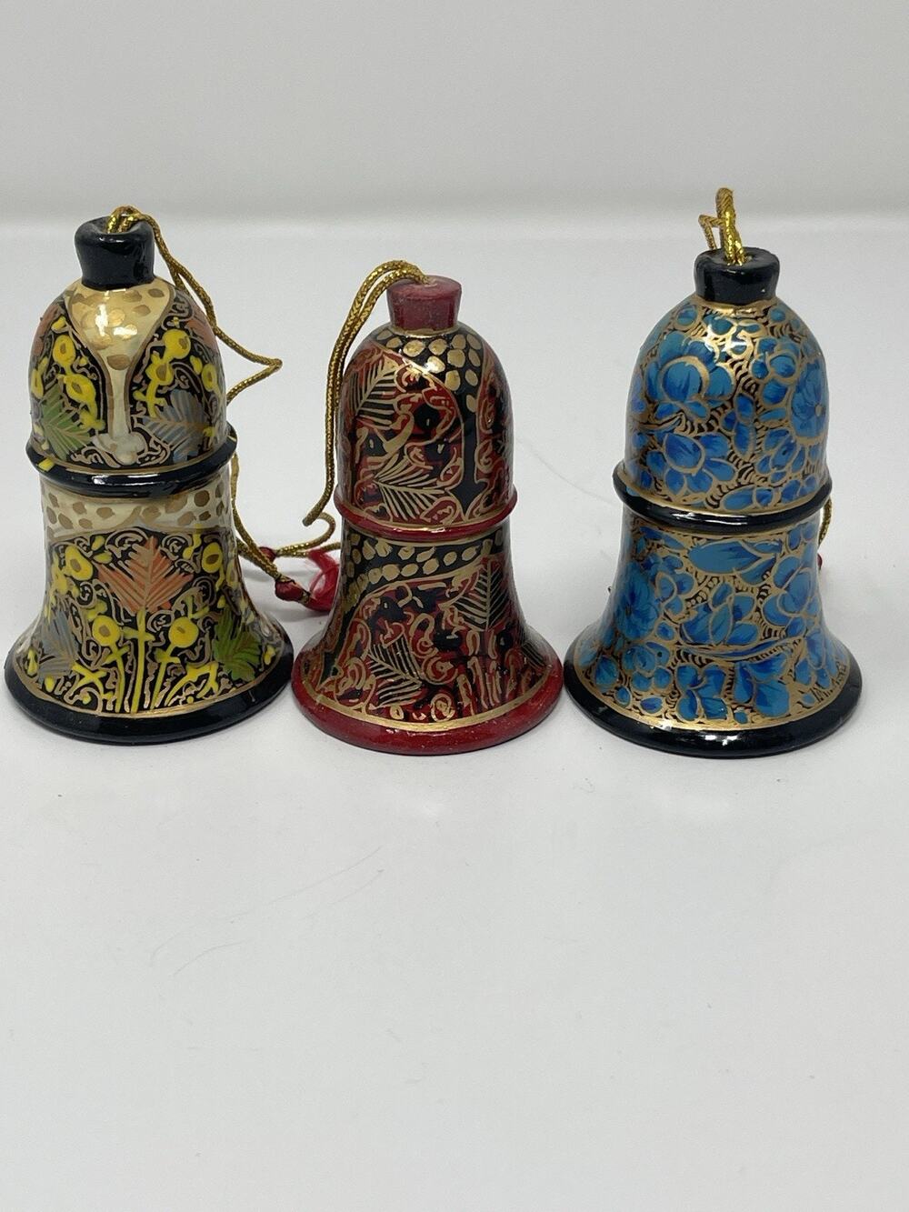 Vintage Hand Painted Lacquered Bell Ornament Boho Decor Set Of 3 Paper Mache